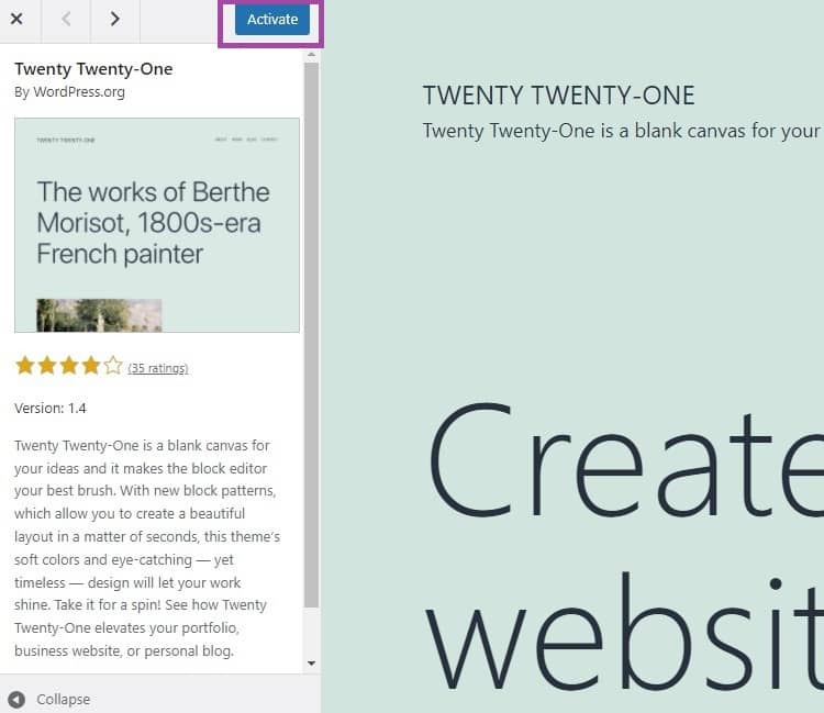 Click Activate to install the WP theme