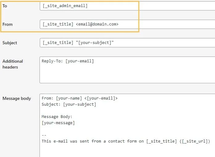 Let's leave the first tab, Form, with its default value for now, and move on to the second tab, Mail. Enter the same domain's email address for the To and From fields.