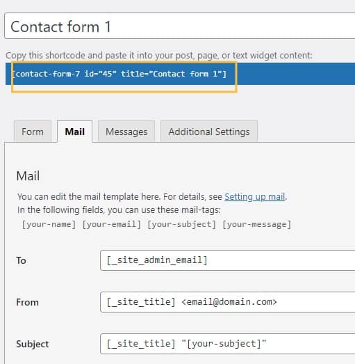 Embed code of contact form