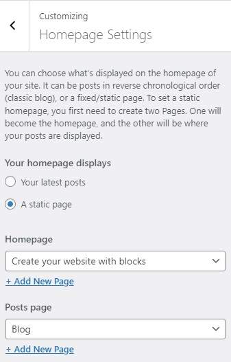 Homepage settings in wordpress