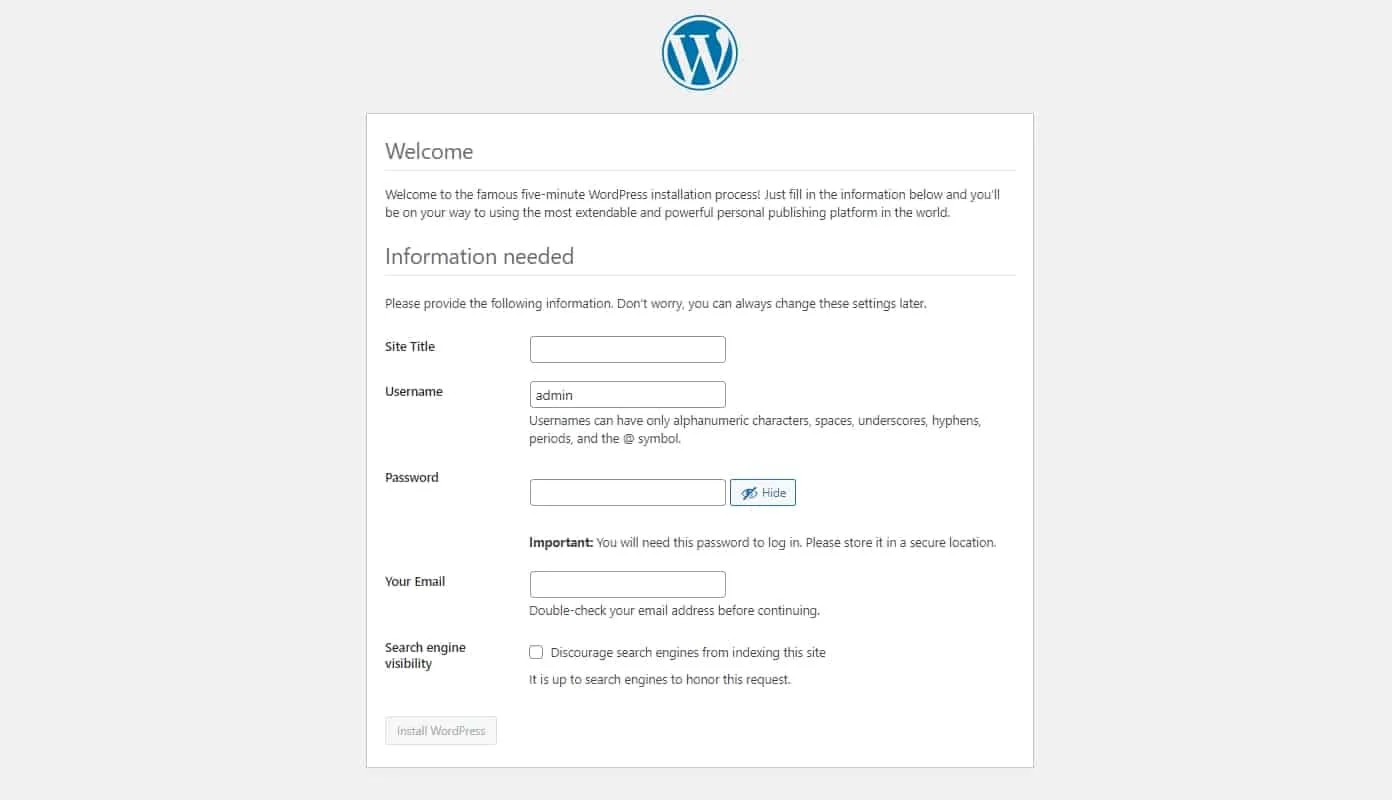 Manually install WordPress Welcome screen