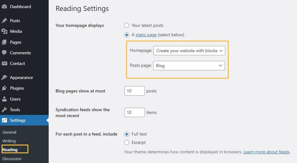 select homepage and blog from readings menu option