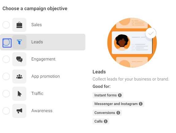 Screenshot of FB Ads Manager where you need to choose FB Campaign Objective