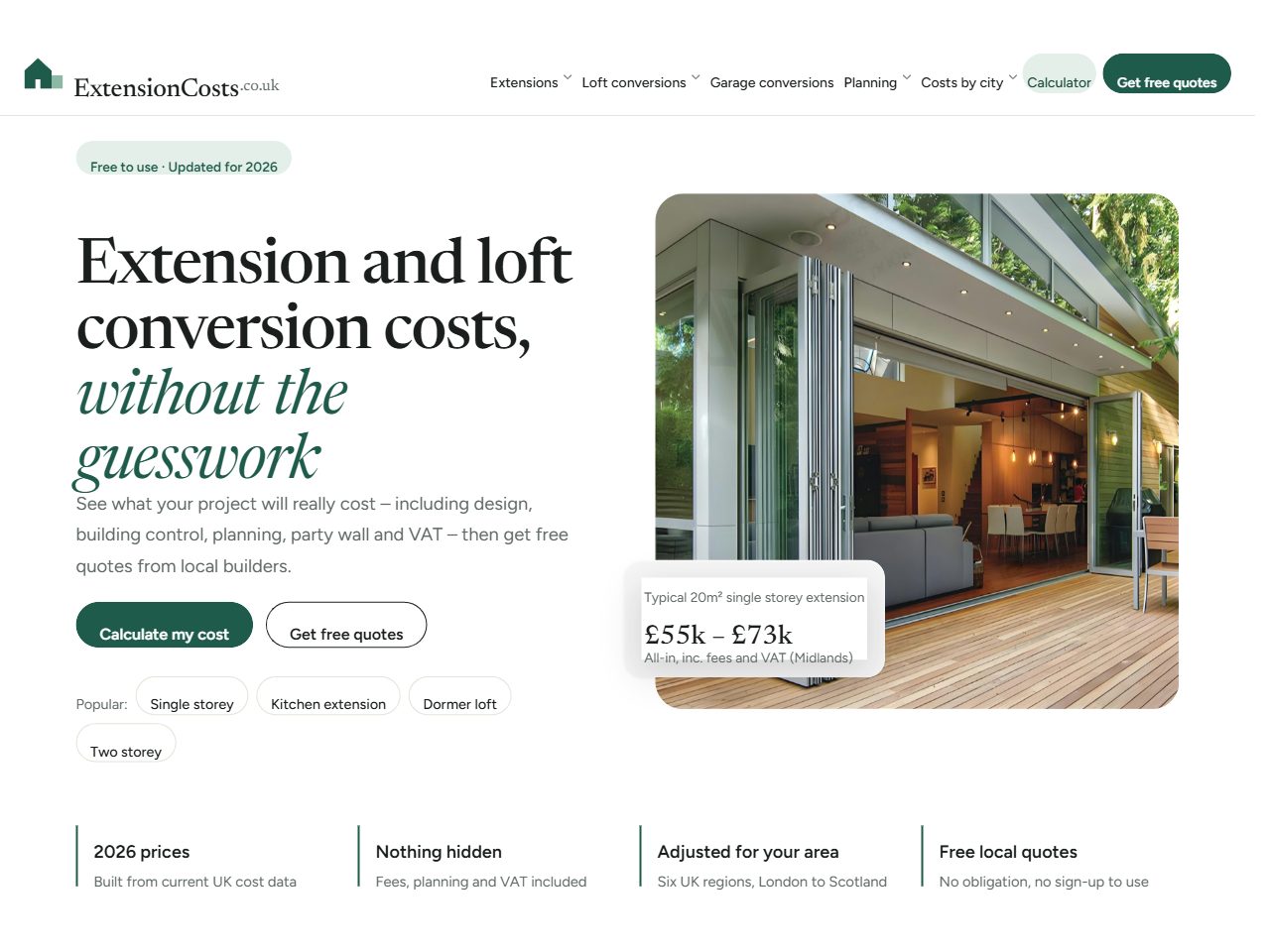 ExtensionCosts.co.uk homepage, a UK extension and loft conversion cost guide designed by Crazy Media Design