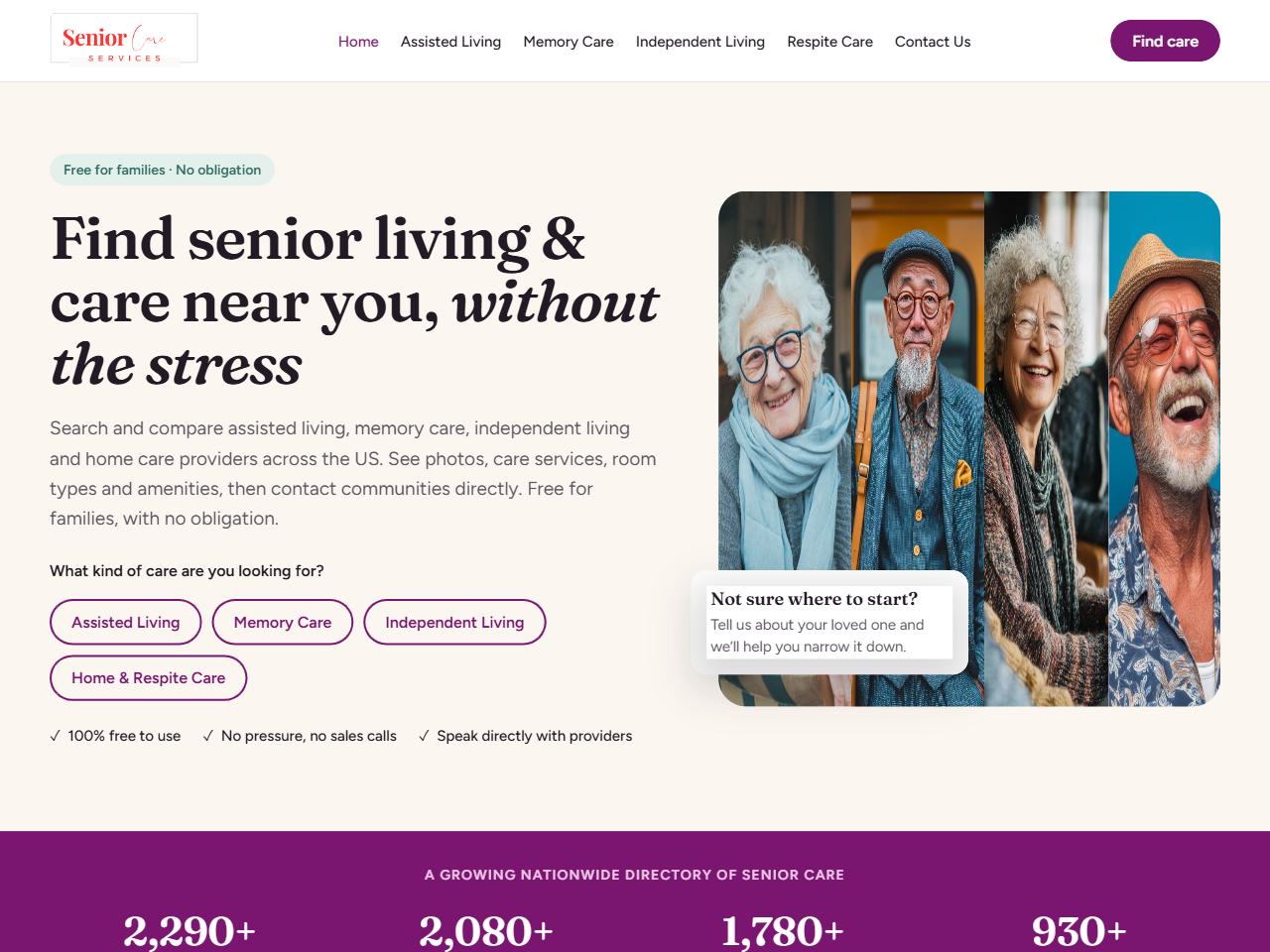 SeniorCare.Services homepage, a US senior care directory website designed by Crazy Media Design